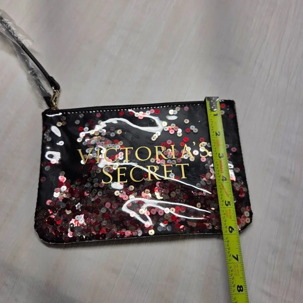 Victoria's Secret Limited Edition Black Sequin Wristlet Cosmetic Makeup Bag 9